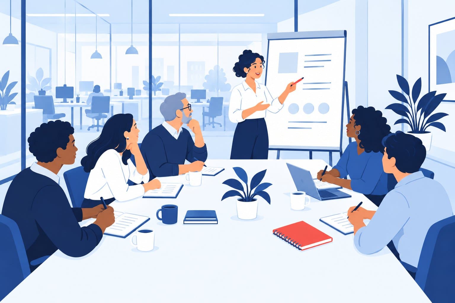 Colleagues at a company language course around a meeting table