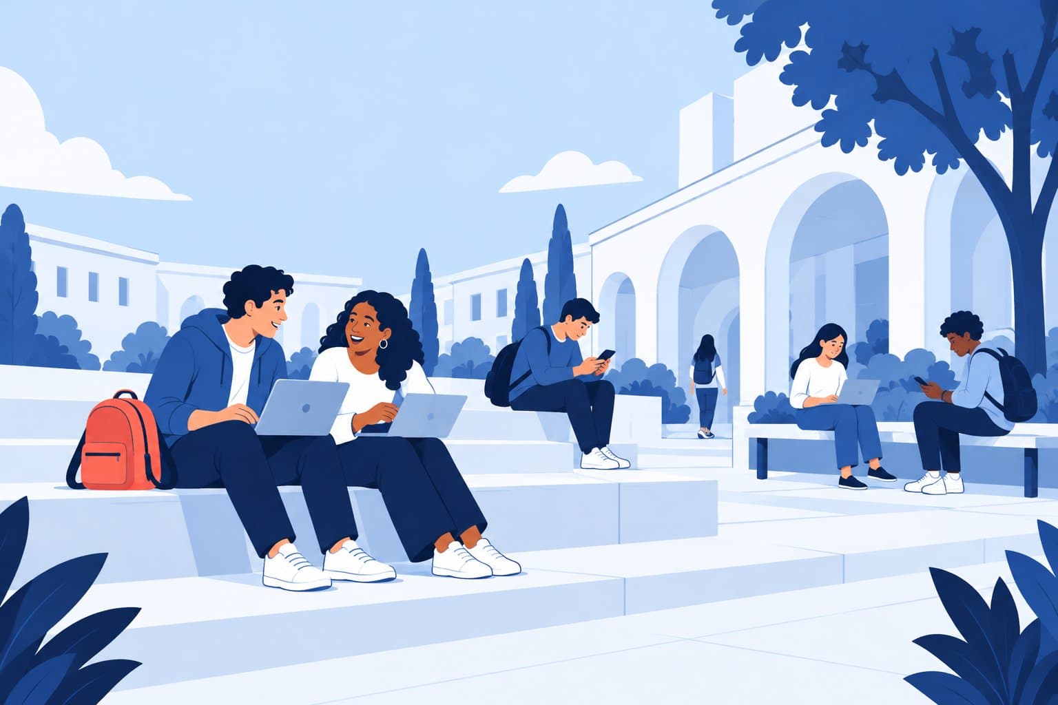 Students with laptops and phones in a university courtyard
